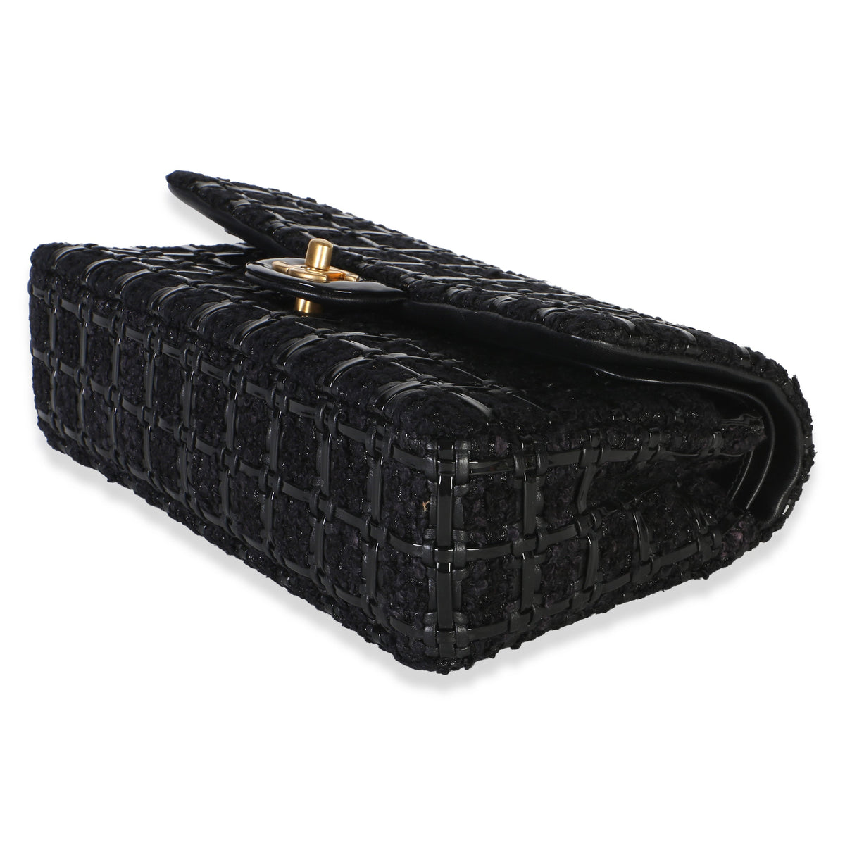 Chanel Black Tweed Woven Patent Medium Classic Double Flap Bag Handbag 6