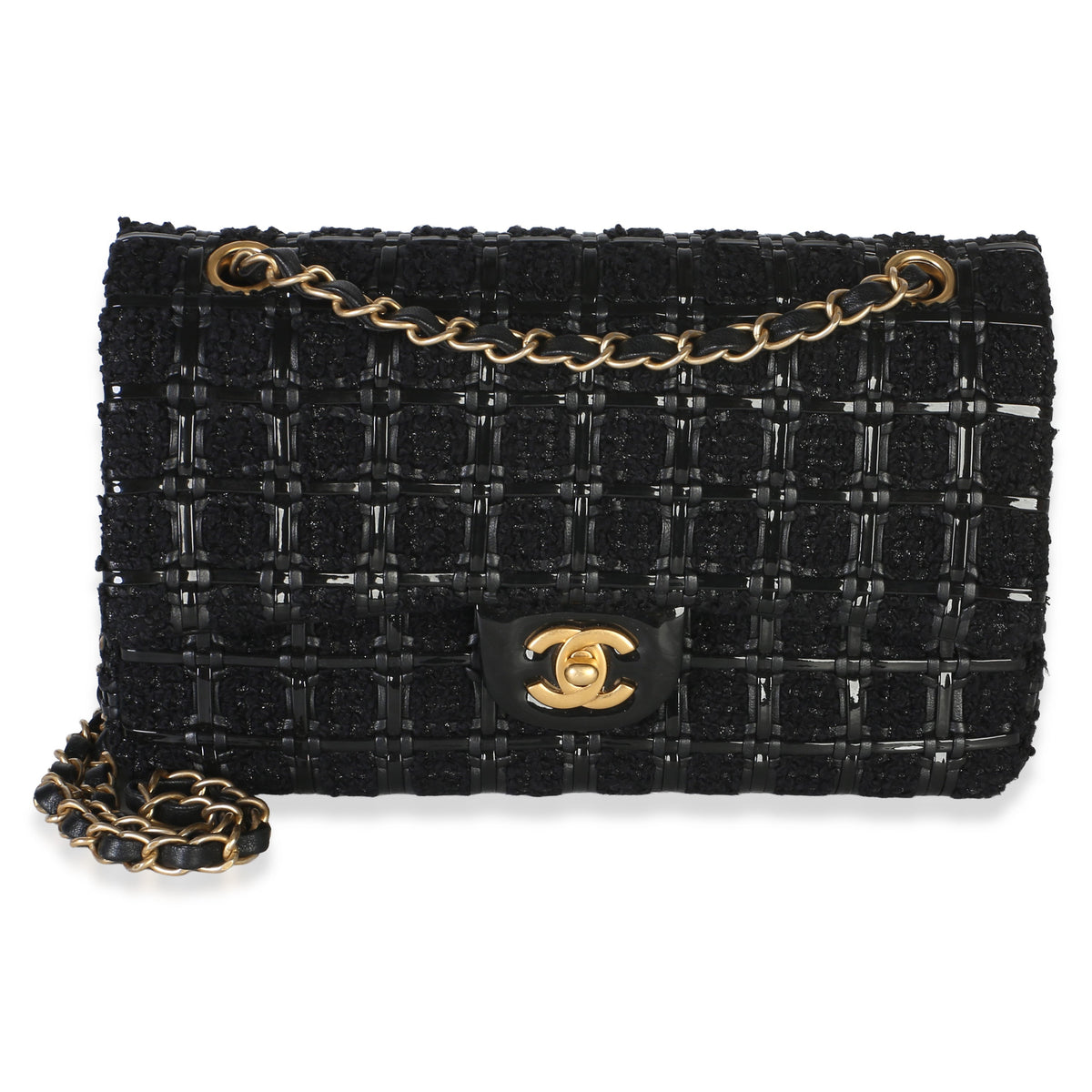 Chanel Black Tweed Woven Patent Medium Classic Double Flap Bag Handbag fv