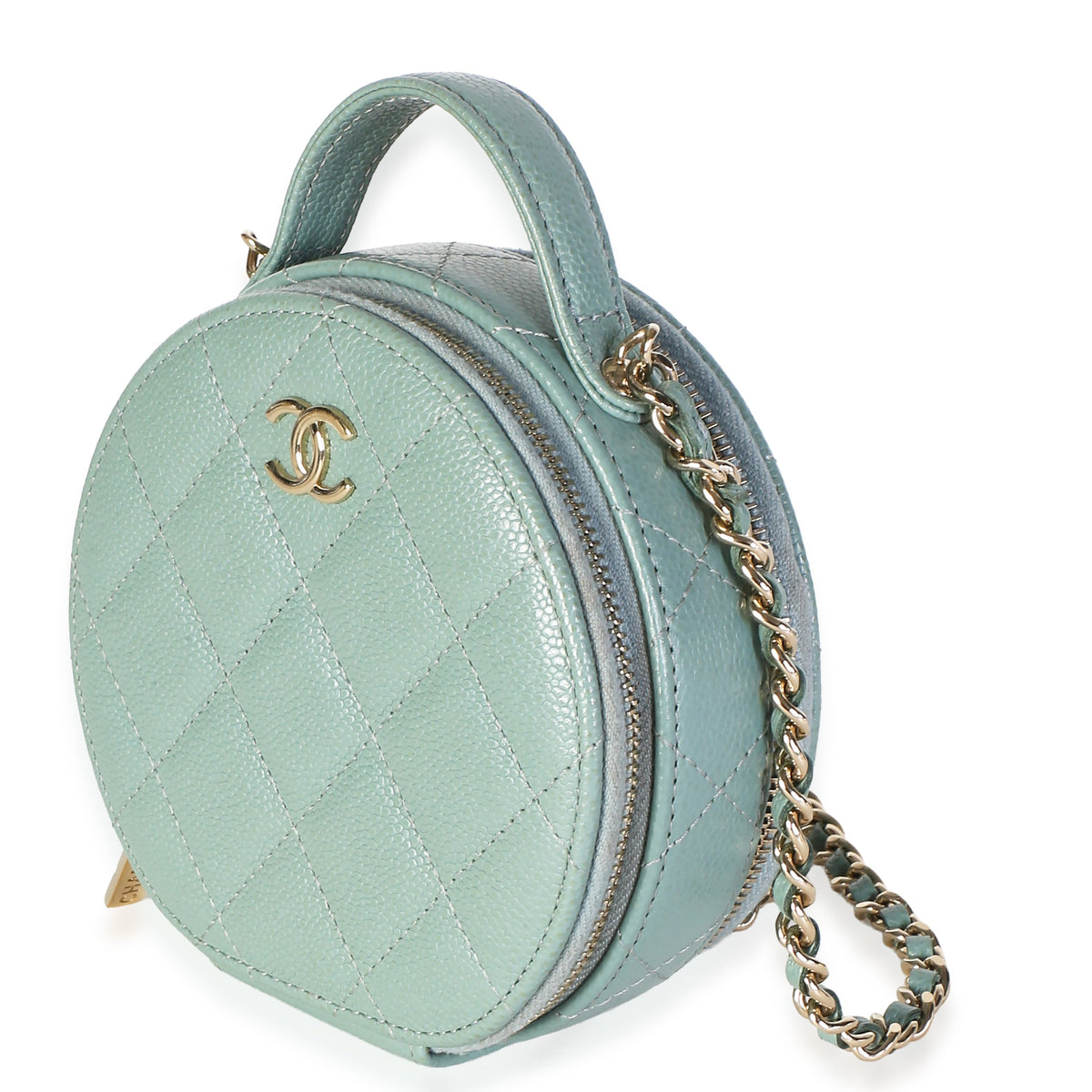 Chanel Light Green Quilted Caviar Handle With Care Round Vanity Case Handbag 2