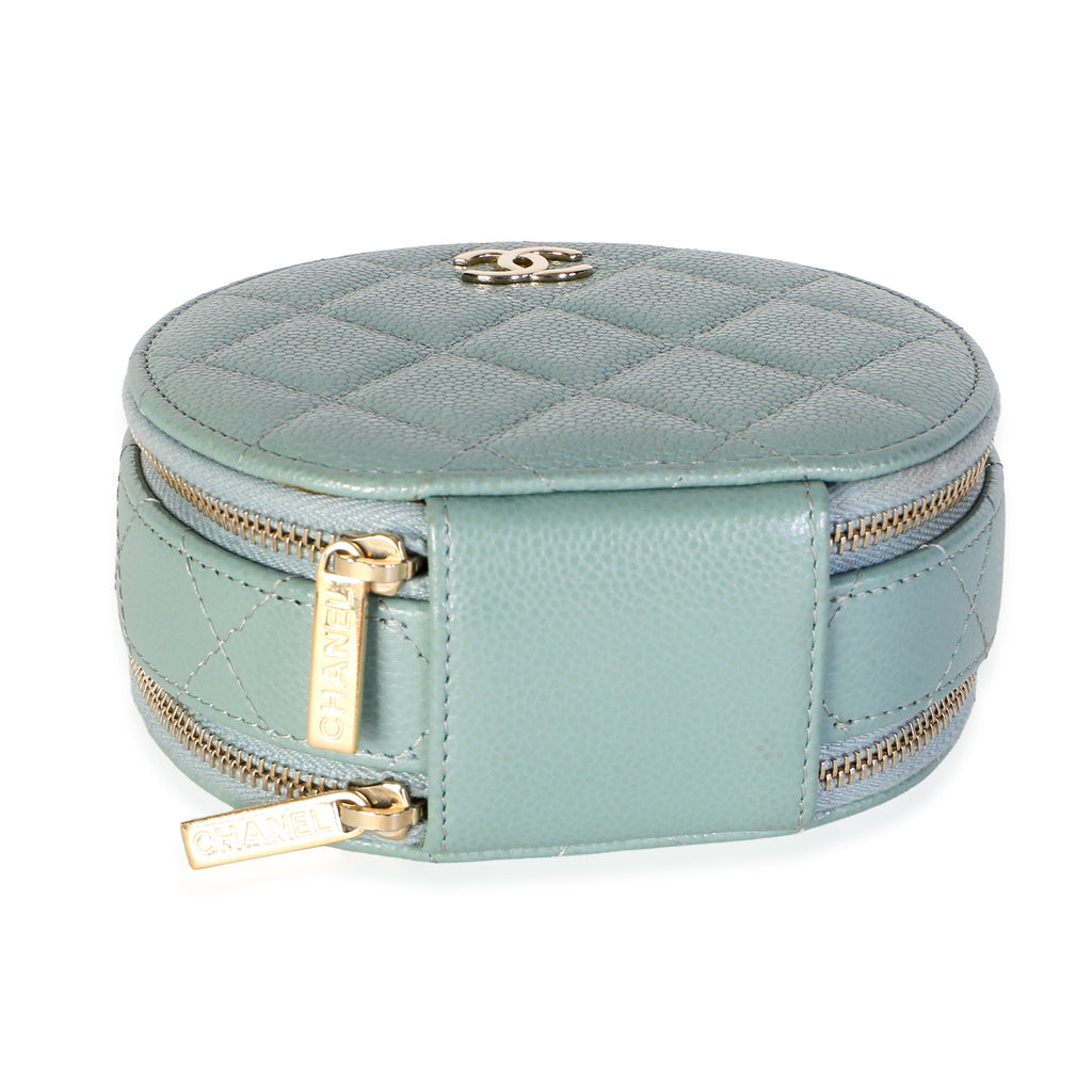 Chanel Light Green Quilted Caviar Handle With Care Round Vanity Case Handbag 5