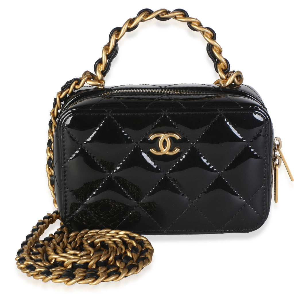 Chanel Black Quilted Patent Mini Vanity Chain Bag Handbag fv