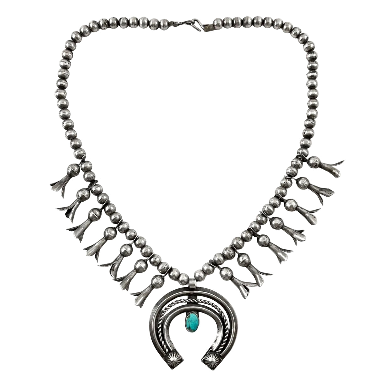 Front view of Vintage Sweet and Petite Squash necklace showcasing turquoise naja and handmade silver beads on white background