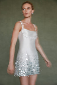 Stella Dress in Ivory Silk Wool with Silver Fringe