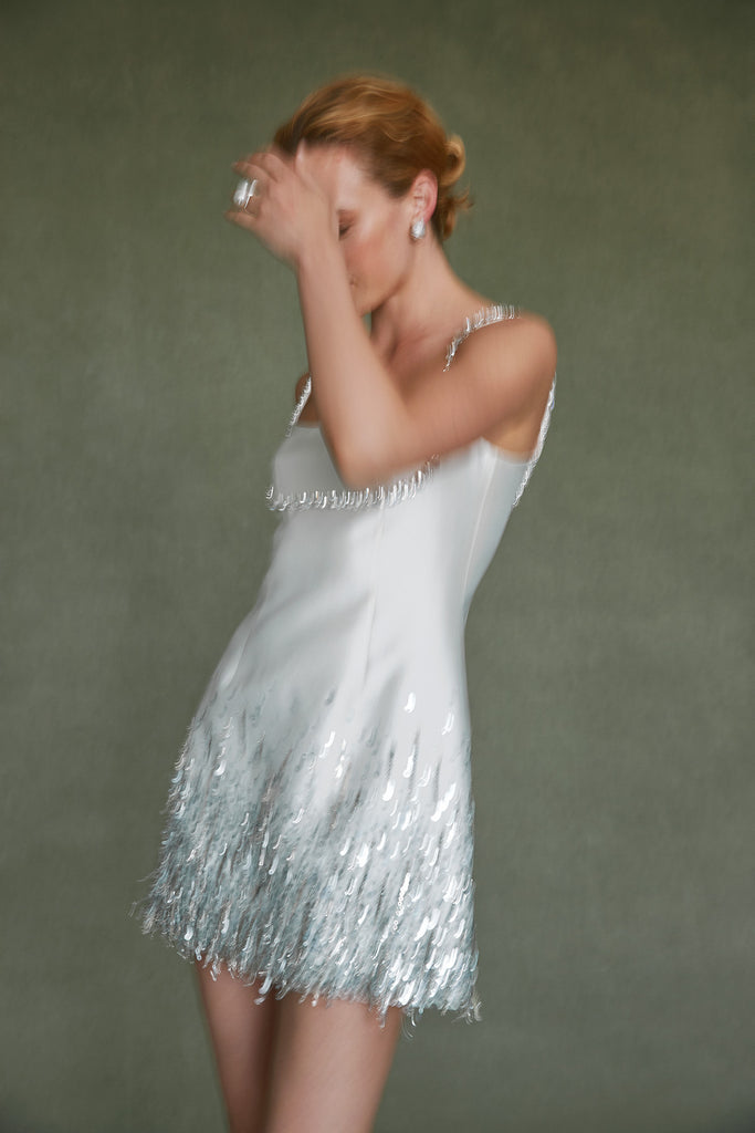 Stella Dress in Ivory Silk Wool with Silver Fringe