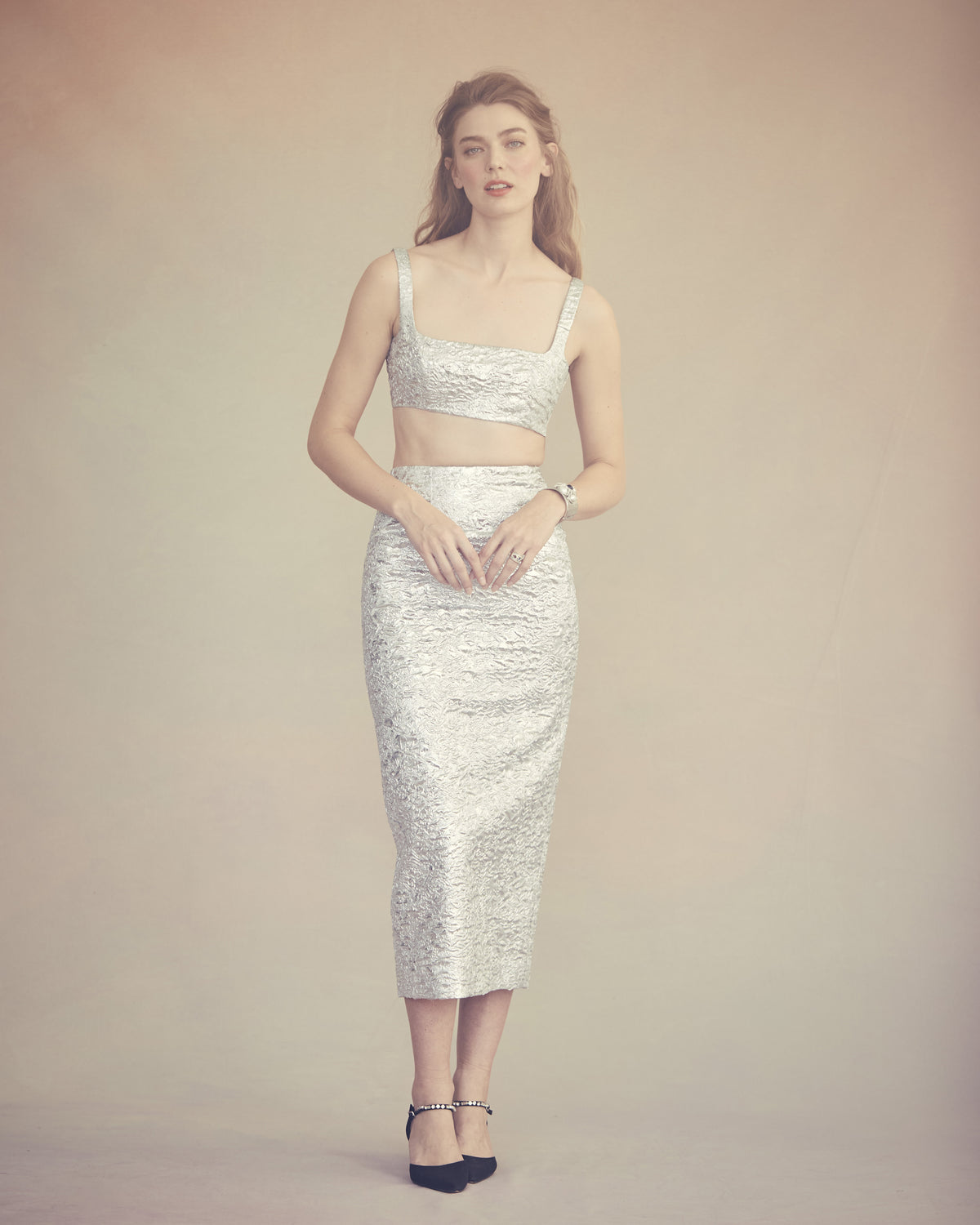 Effie Pencil Skirt in Silver Brocade