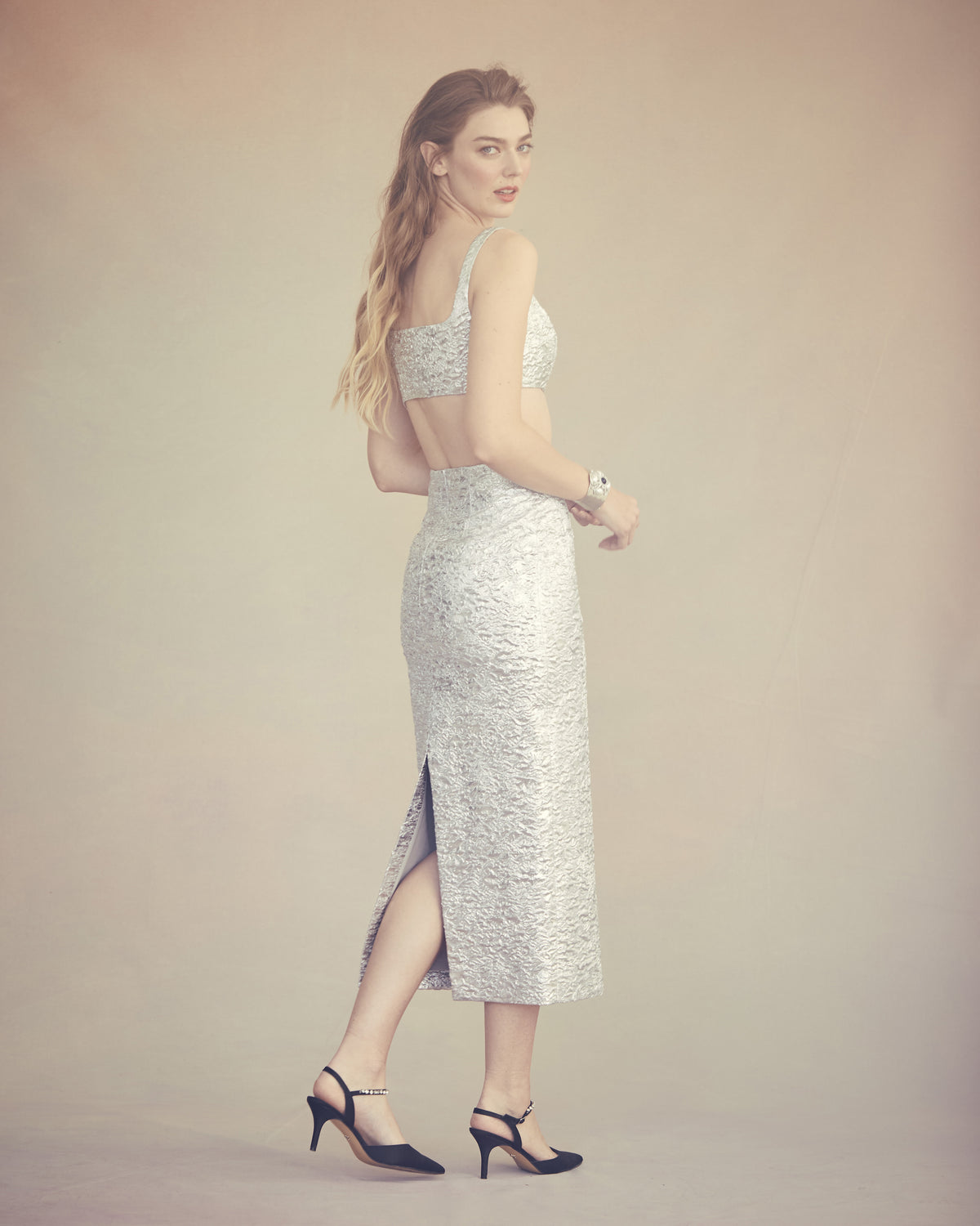 Effie Pencil Skirt in Silver Brocade