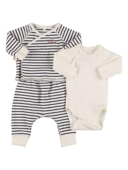Cotton cardigan, bodysuit & pants set