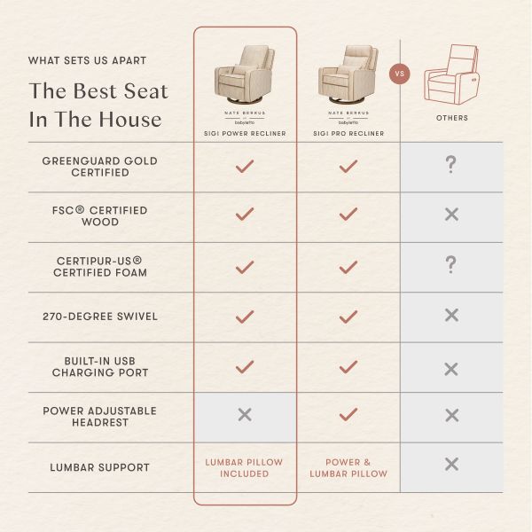 The Best Seat In The House comparison chart showing Sigi recliner features and included lumbar support