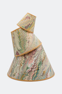 Stacked hand-marbled flatiron feathers lampshades with vibrant patterns