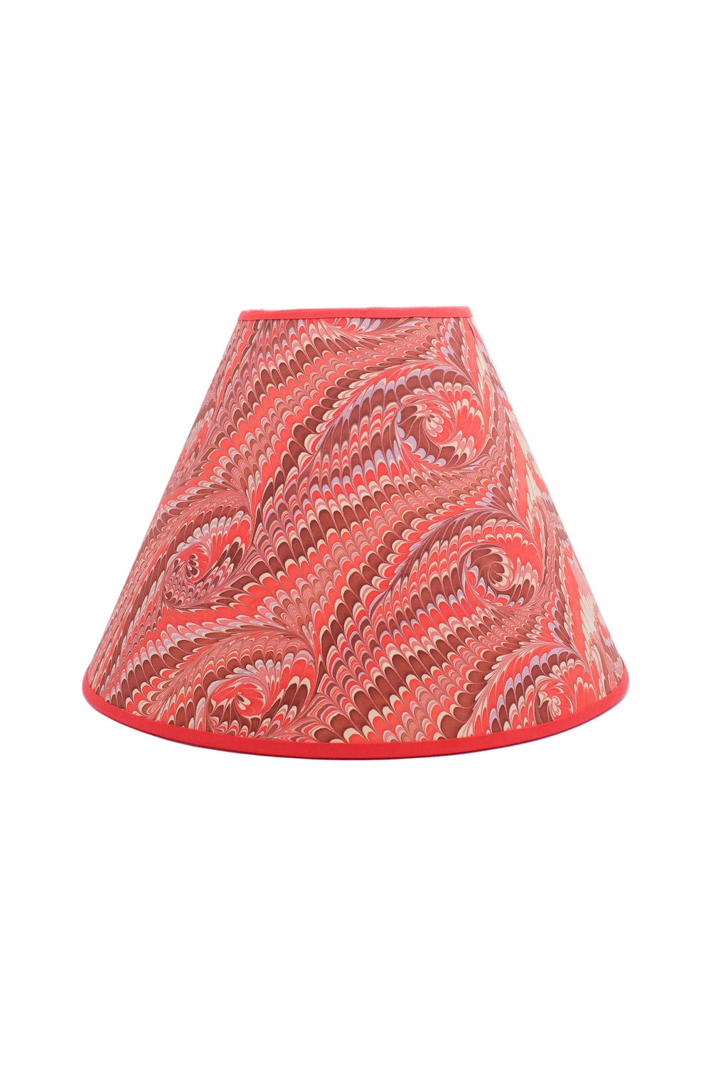 16" hand-marbled empire lampshade with florentine pink marbling pattern, red trim