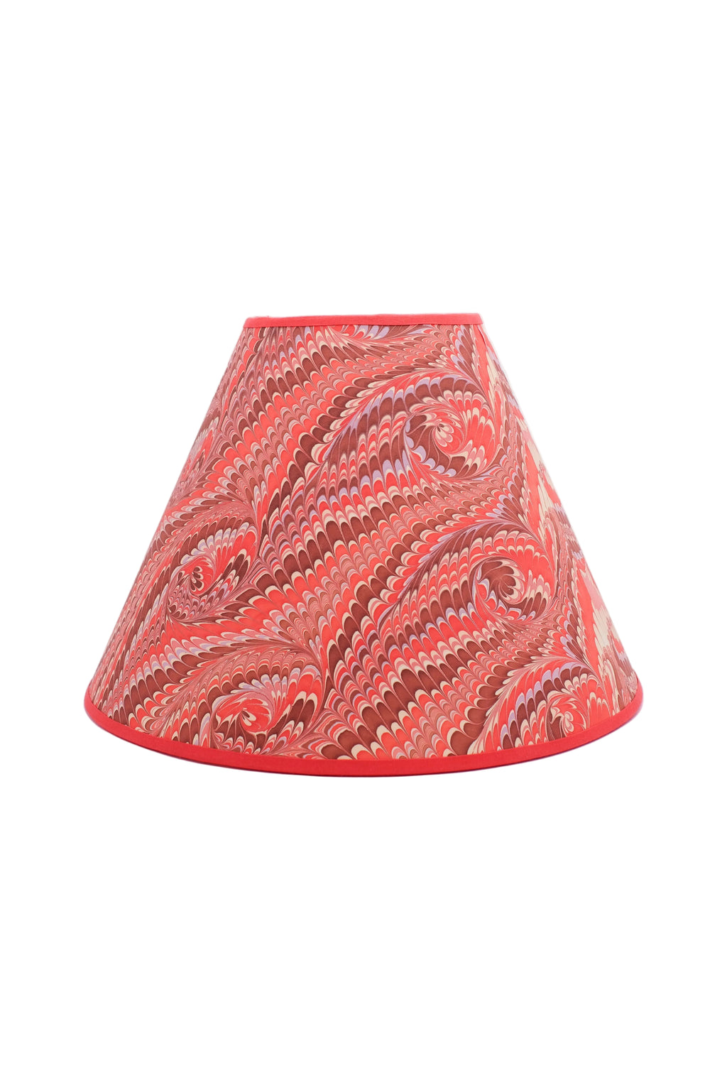 16" hand-marbled empire lampshade with florentine pink marbling pattern, red trim