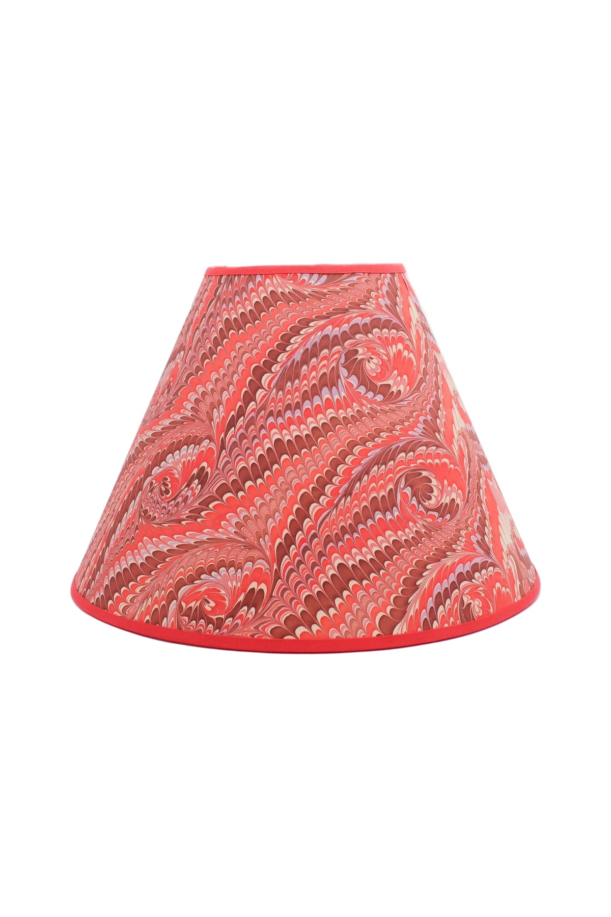 16" hand-marbled empire lampshade with florentine pink marbling pattern, red trim