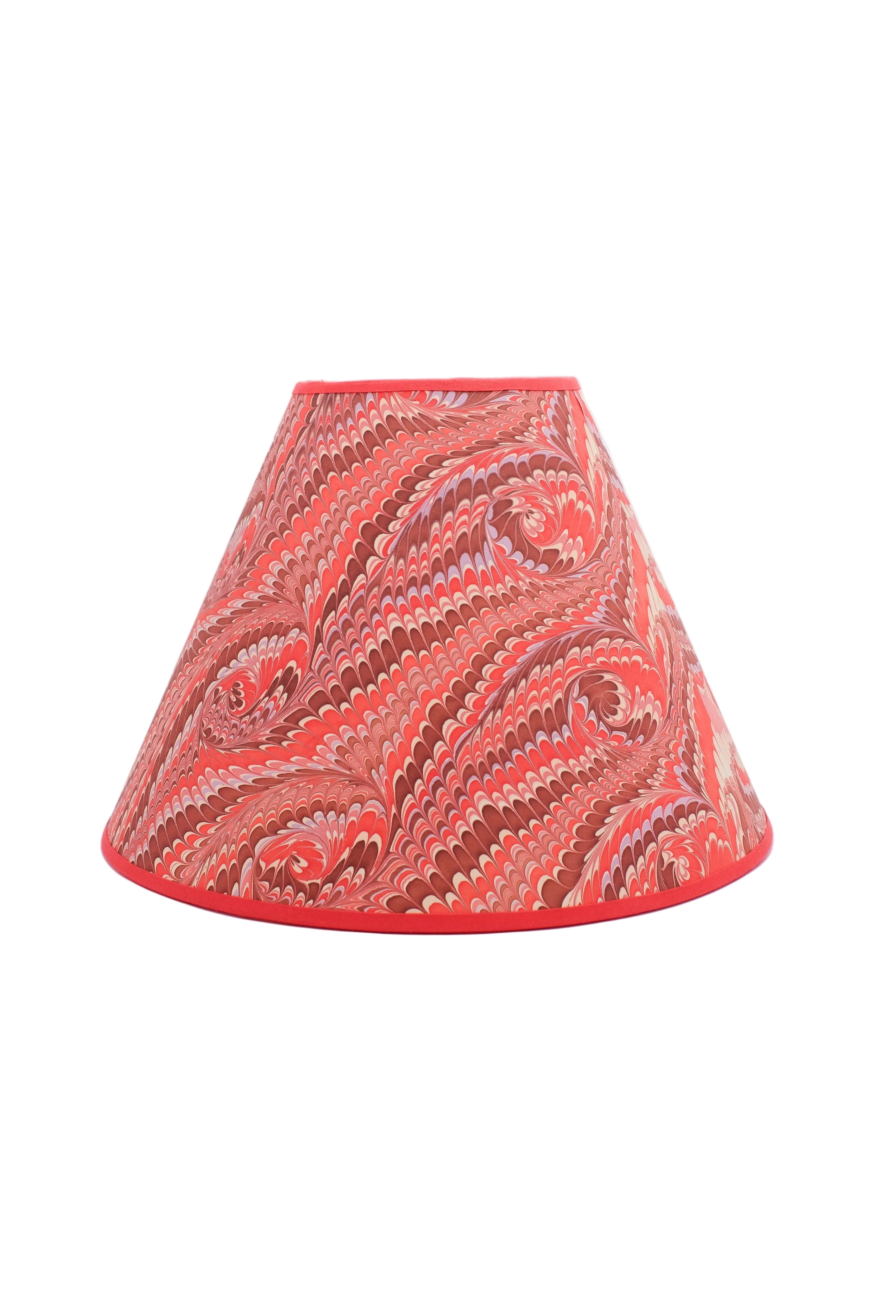 16" hand-marbled empire lampshade with florentine pink marbling pattern, red trim