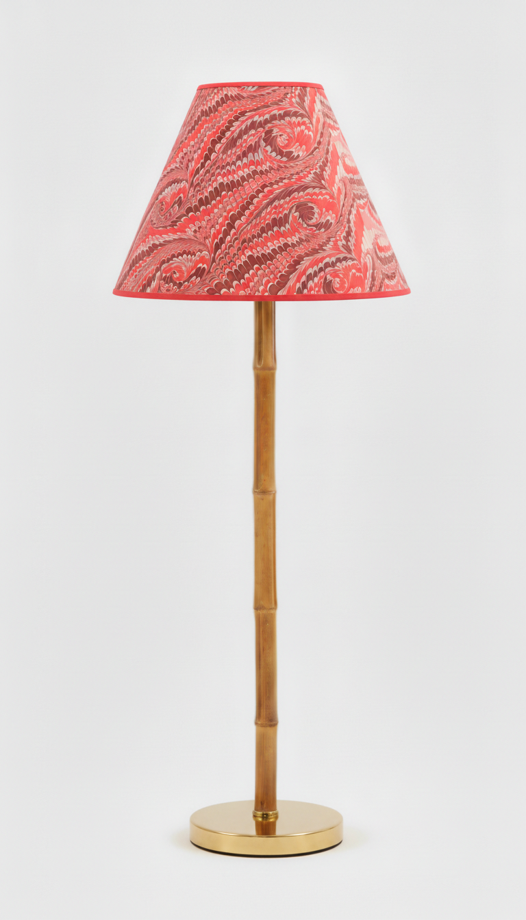 16" hand-marbled empire lamp with florentine pink marbled shade, bamboo-style stem and gold base