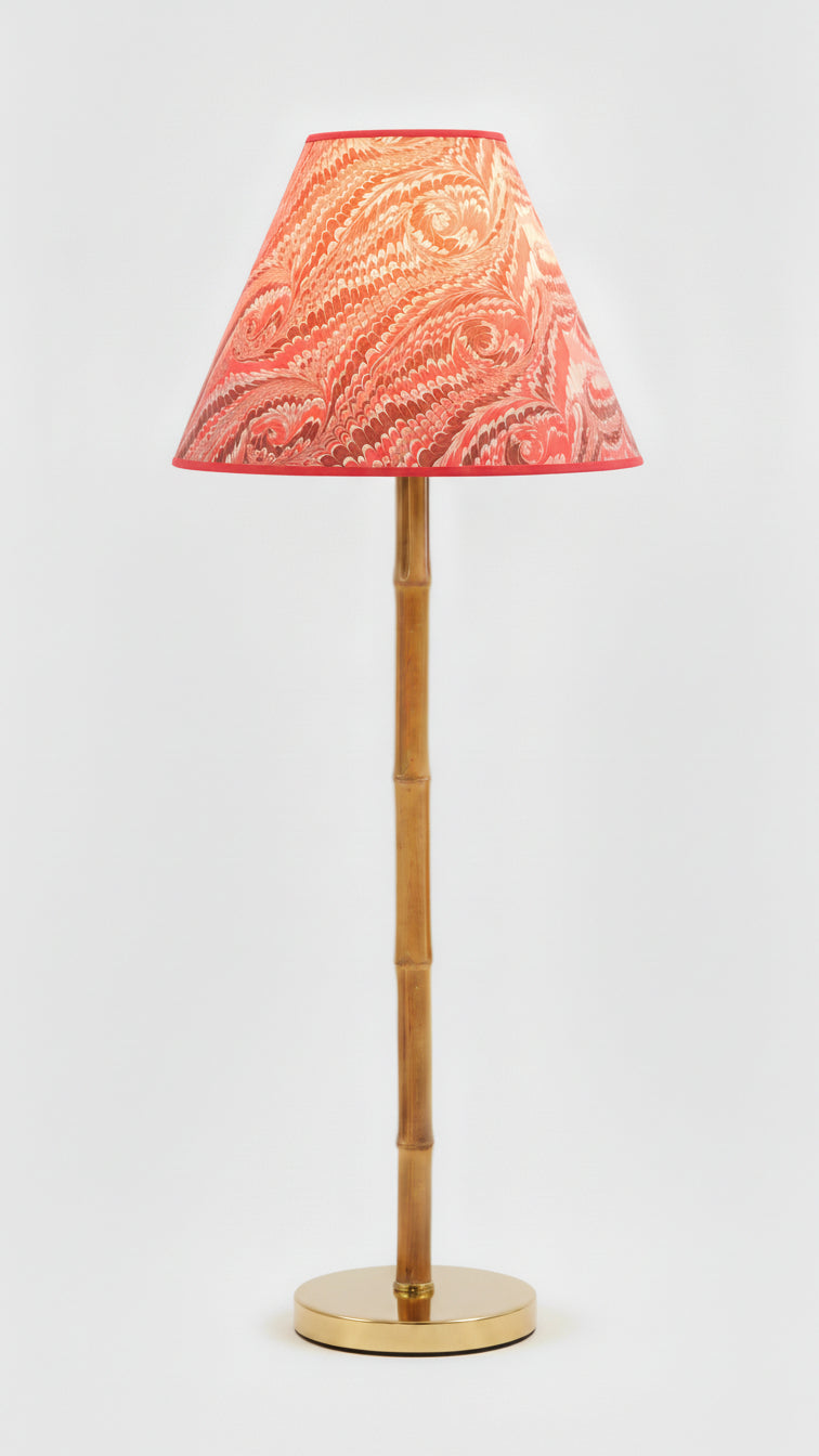 16" hand-marbled empire lamp with marbled shade featuring soft pink/cream tones, bamboo stem