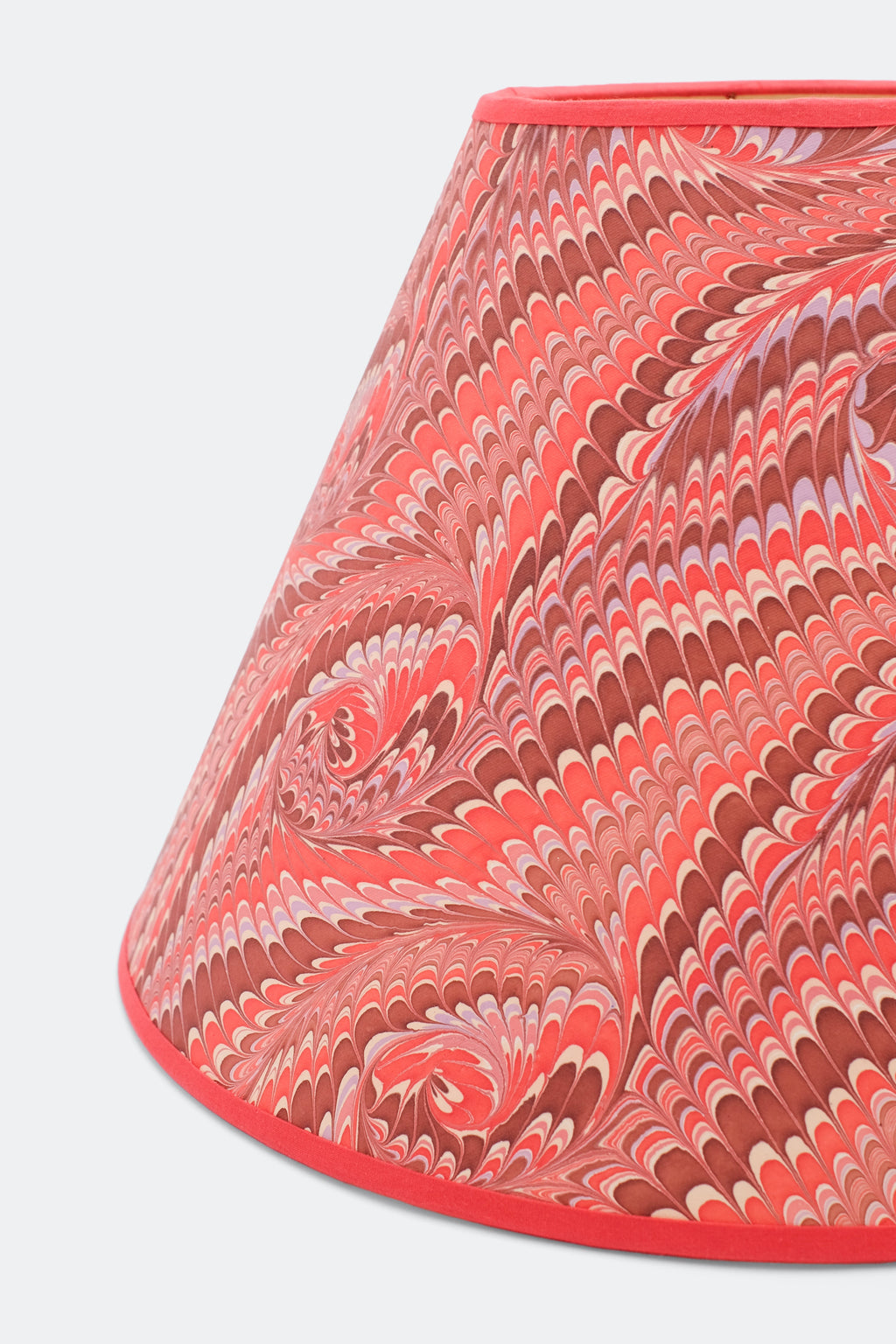 16" hand-marbled empire lampshade with florentine pink marbling pattern, red trim detail