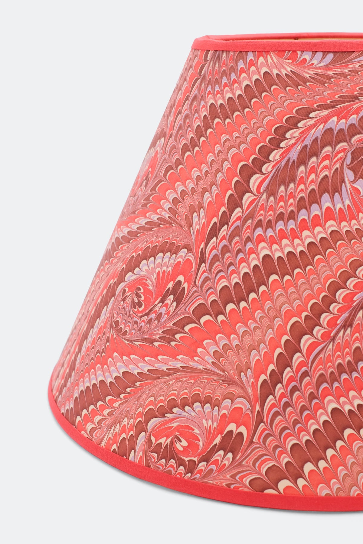 16" hand-marbled empire lampshade with florentine pink marbling pattern, red trim detail