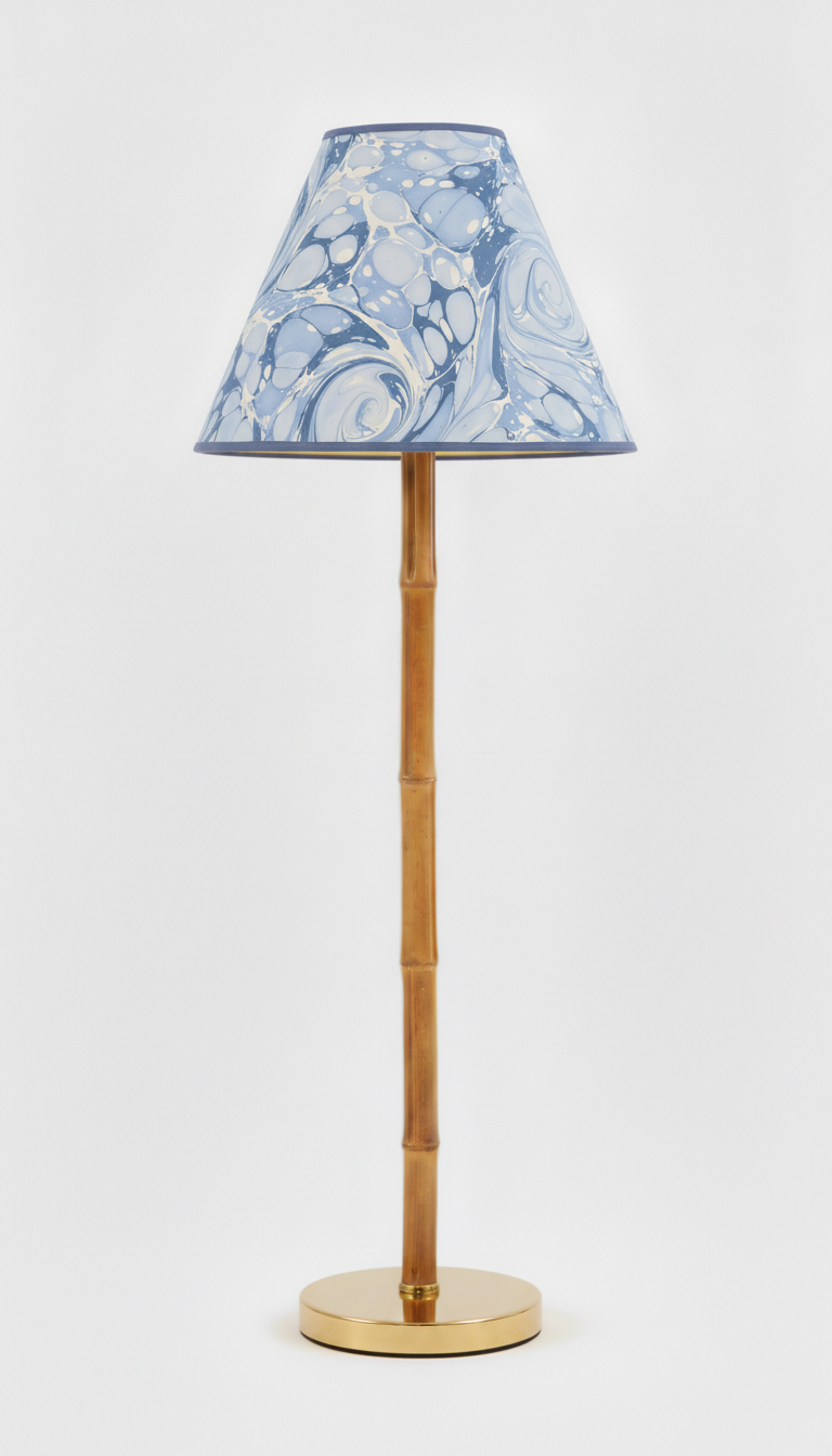 16" hand-marbled empire lamp with bamboo-style stand and gold base