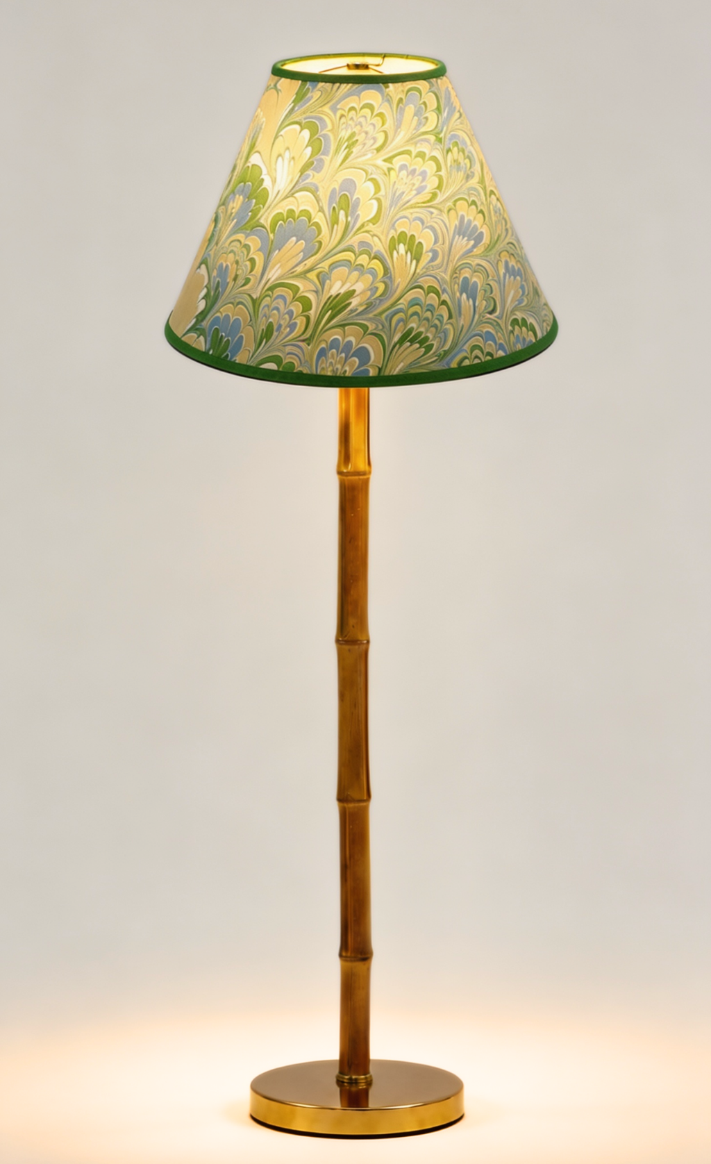 16" hand-marbled empire lampshade with seaglass peacock pattern, bamboo-style base, Inner Child