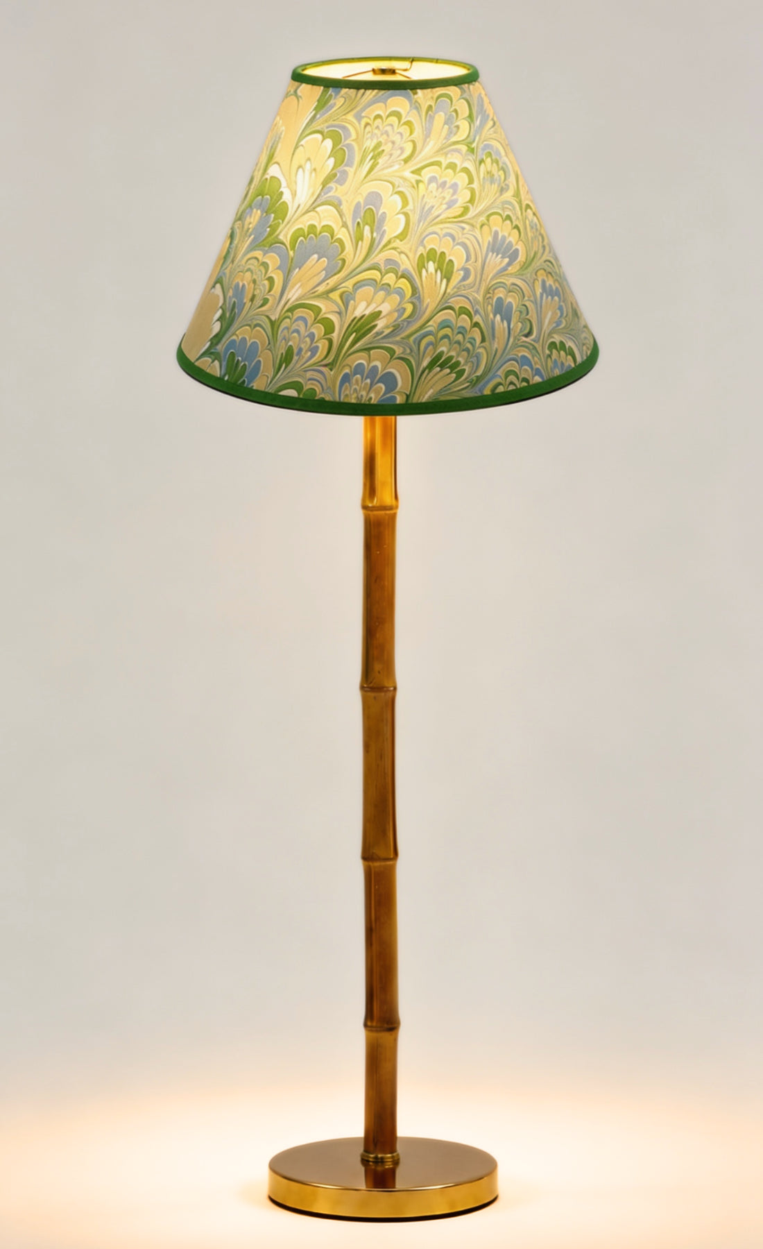 16" hand-marbled empire lampshade with seaglass peacock pattern, bamboo-style base, Inner Child