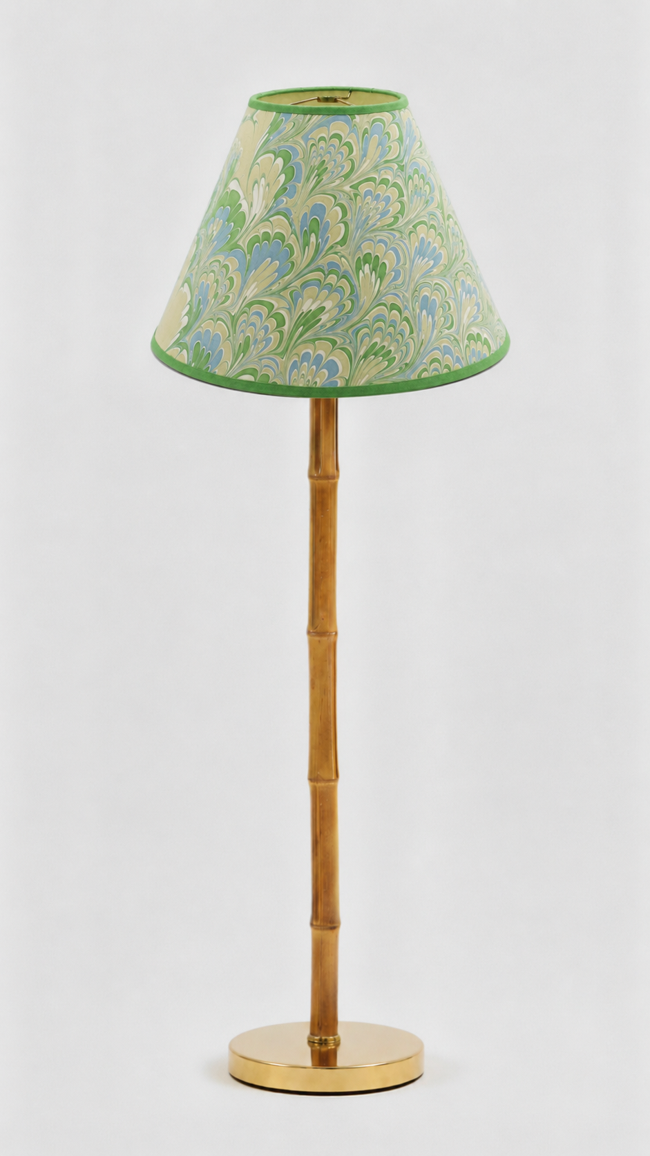 16" hand-marbled empire lamp with blue/green seaglass peacock shade, bamboo stem, brass base