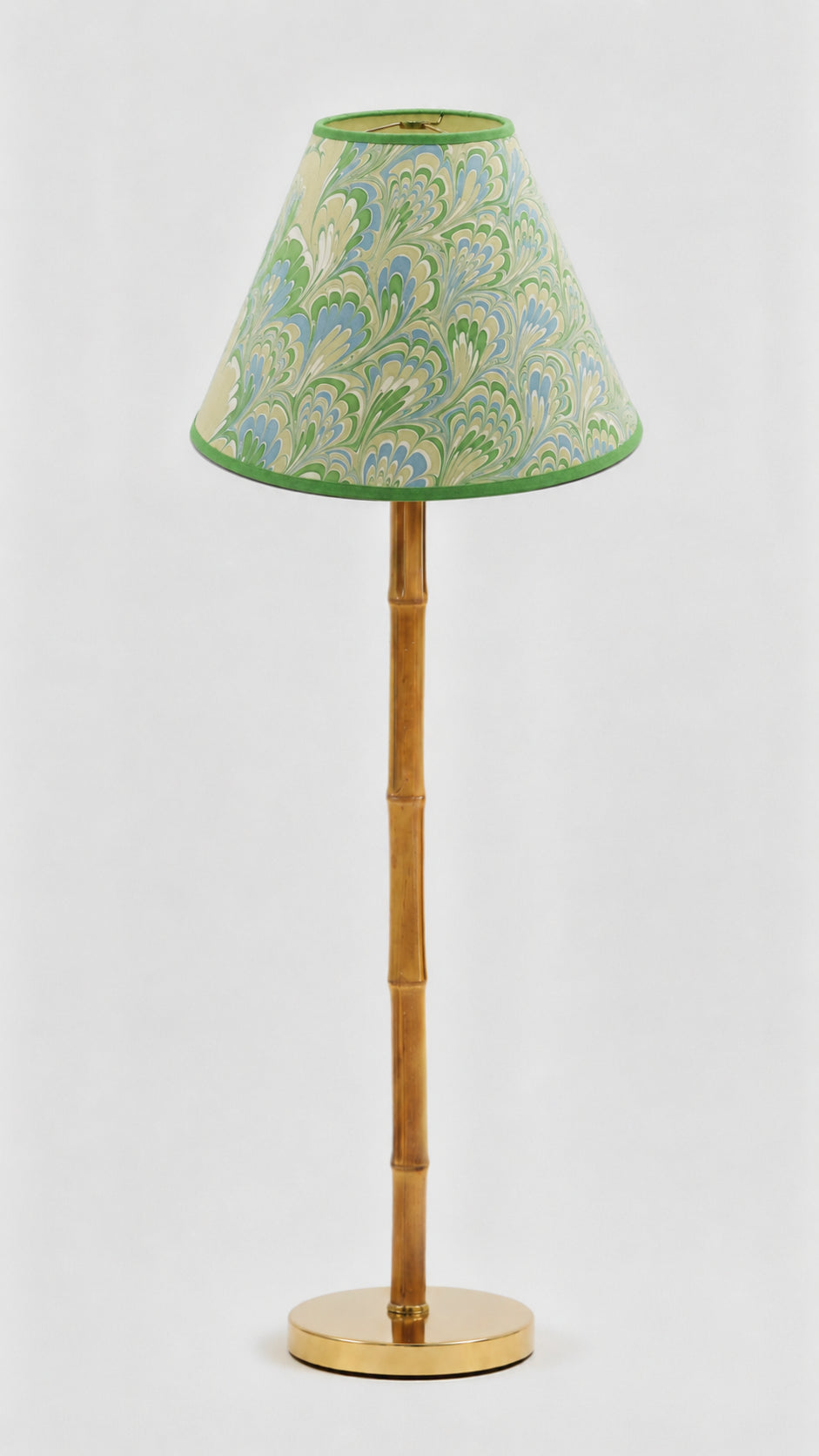 16" hand-marbled empire lamp with blue/green seaglass peacock shade, bamboo stem, brass base