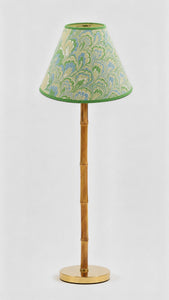 16" hand-marbled empire lamp with blue/green seaglass peacock shade, bamboo stem, brass base