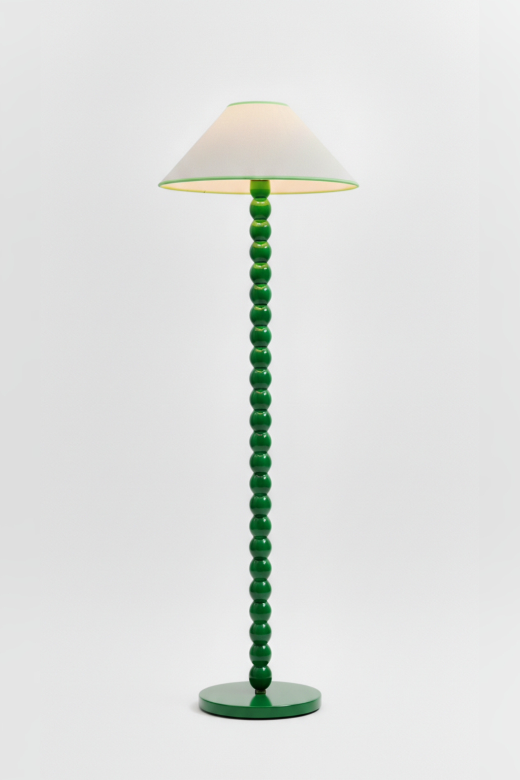 16'' tapered cone lamp with green beaded stem and white linen shade