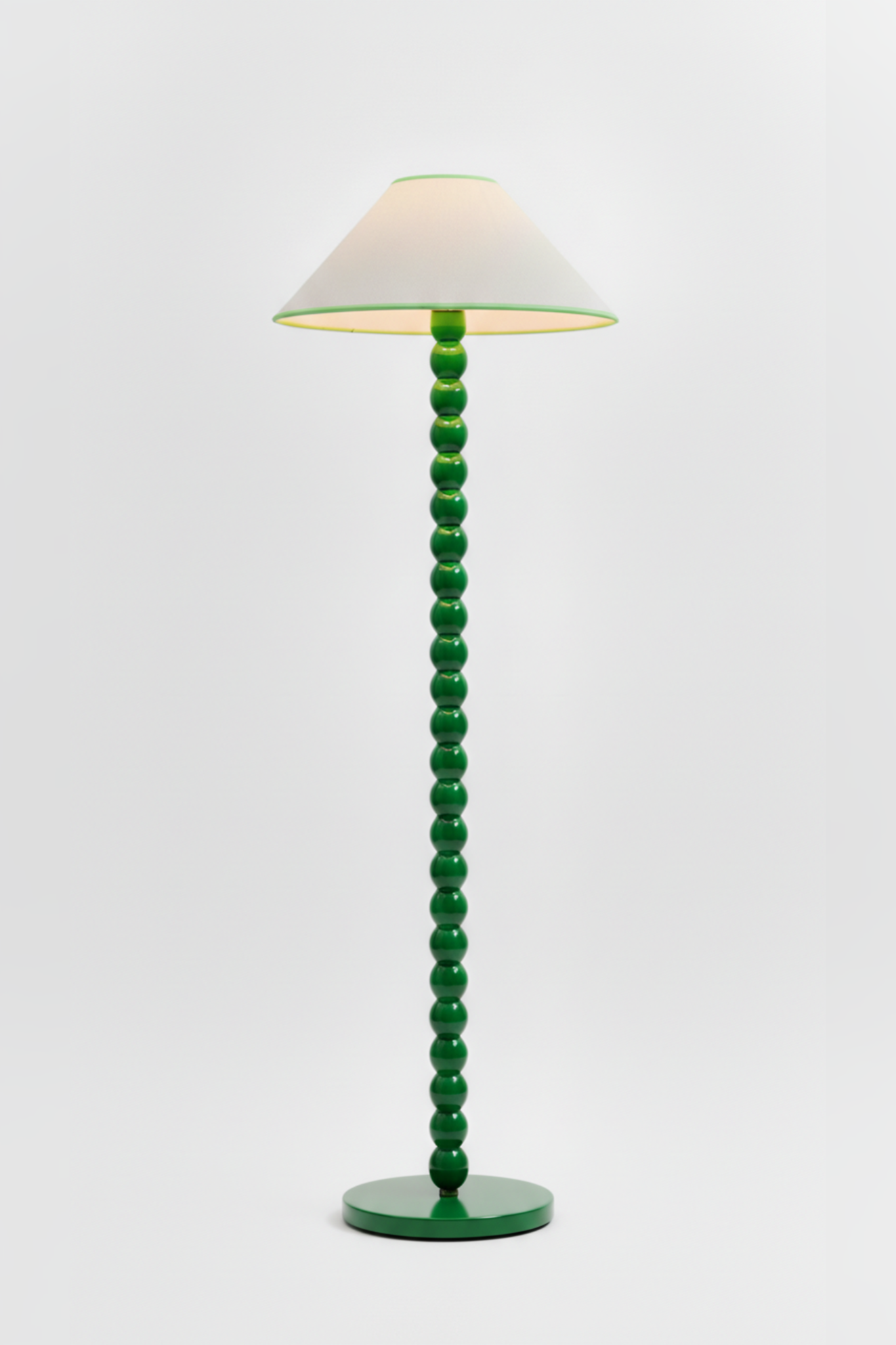 16'' tapered cone lamp with green beaded stem and white linen shade