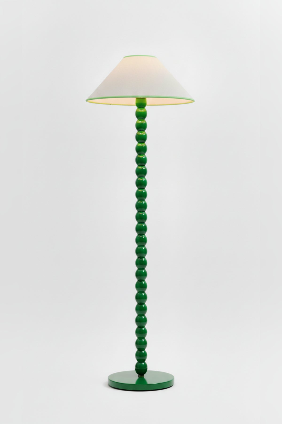 16'' tapered cone lamp with green beaded stem and white linen shade