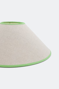 Close-up of 16'' tapered cone lampshade with green trim - linen material
