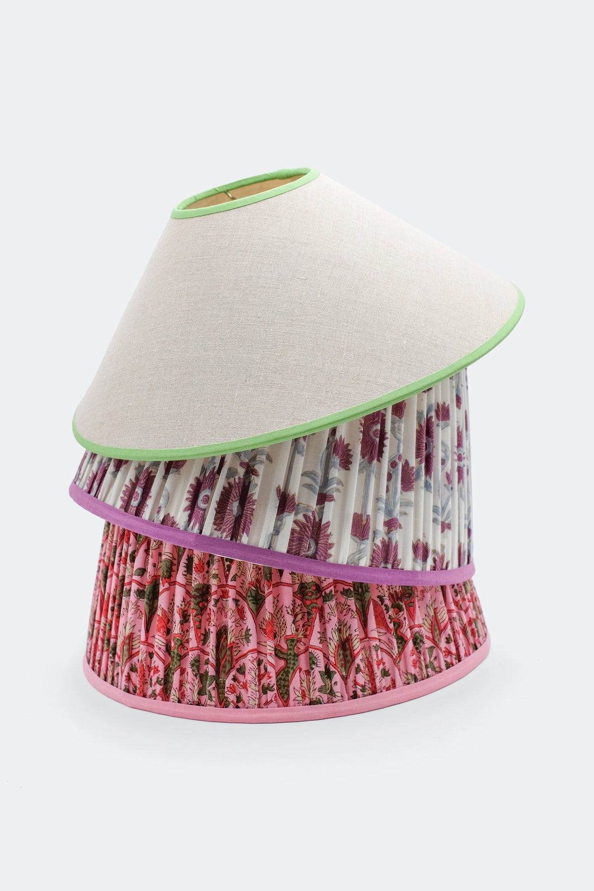 Layered tapered cone lampshade with colorful fabric patterns