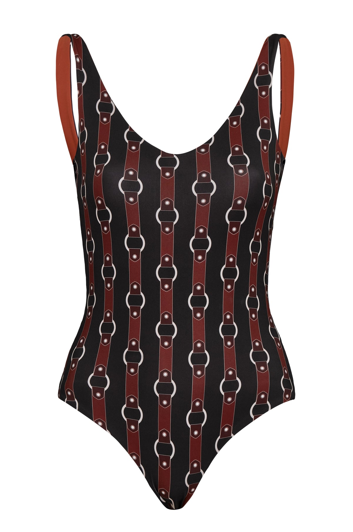 Front view of Olympic one-piece swimsuit showcasing horse reins print, scoop neckline, and slender integrated straps on white background