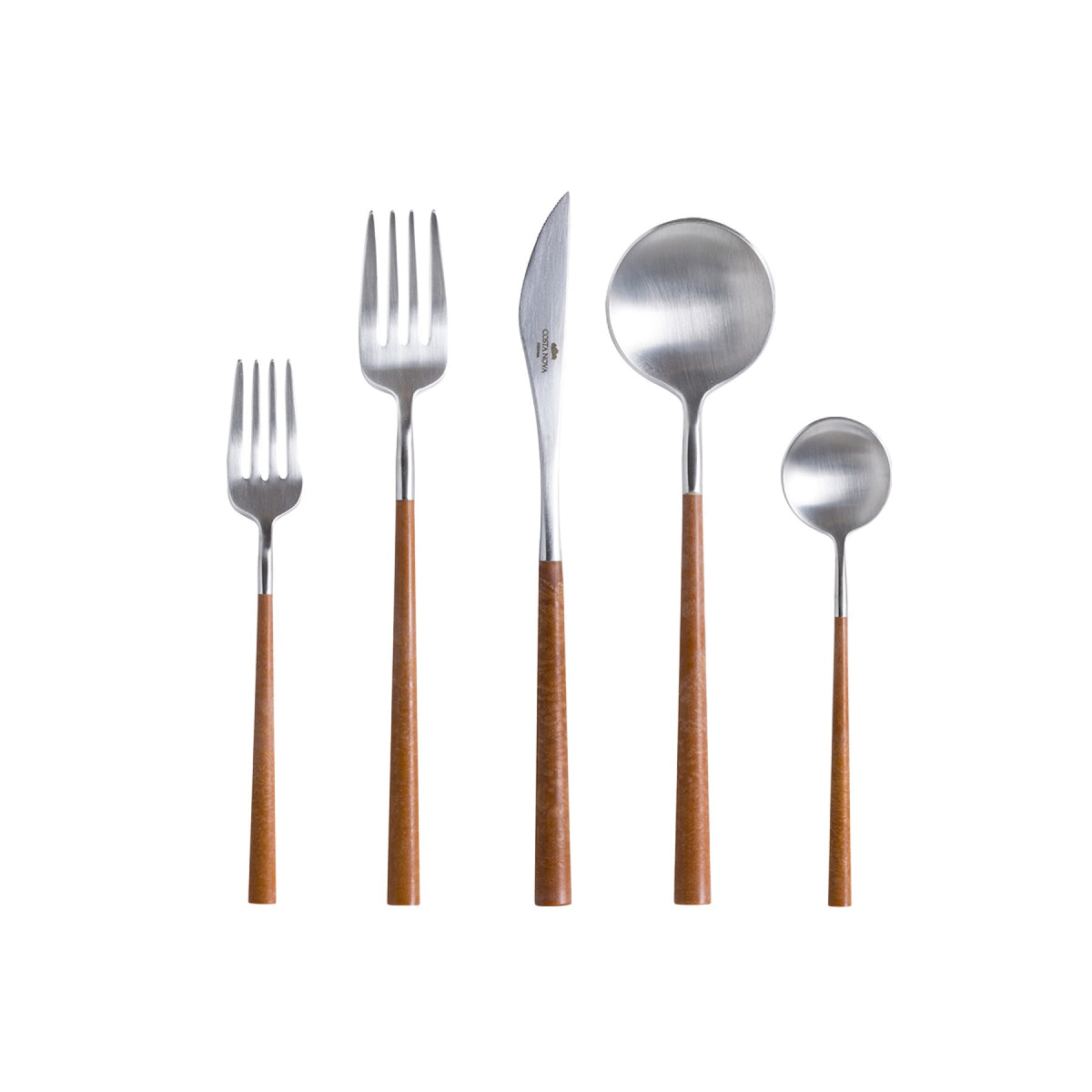 Front view of Mito flatware set with five brushed steel pieces and dark resin cable-style handles on white background