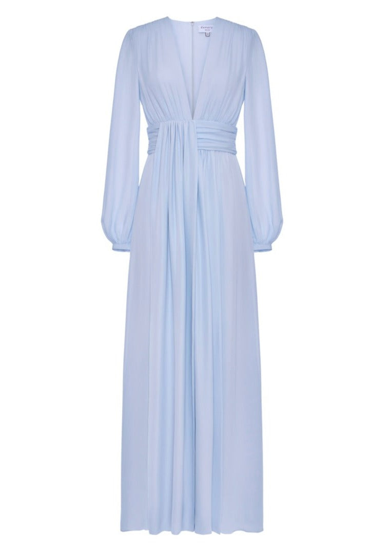 Front view of The Alexis Dress showcasing powder blue gathered georgette layers and long sleeves against a white background