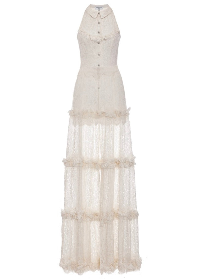 Front view of The Gillian Skirt showcasing ivory French lace and hand-appliquéd ruffled tiers on a white background
