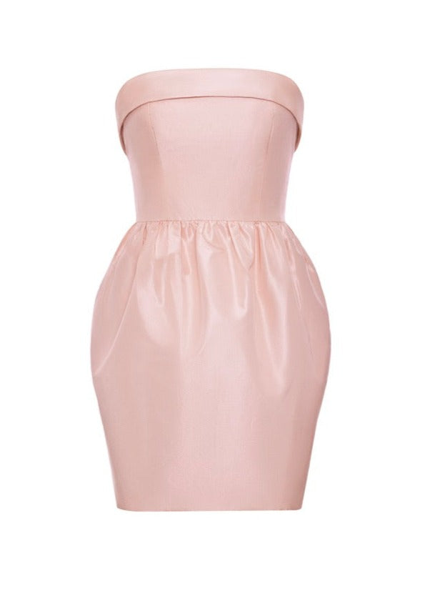 View of The Daphne Dress showcasing its pink strapless built-in corset and fitted mini silhouette against a white background