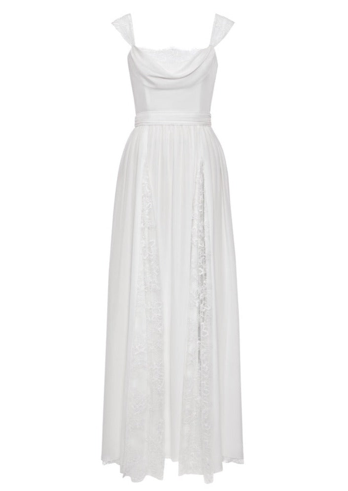 Front view of Ivana Gown showcasing cowl neck, lace godet panels, fitted bodice and floor-length silk skirt