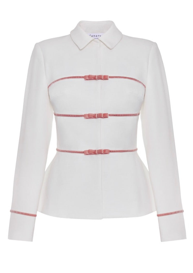Front view of Justine jacket showing ivory wool crepe, three blush velvet ribbon bows and fitted peplum