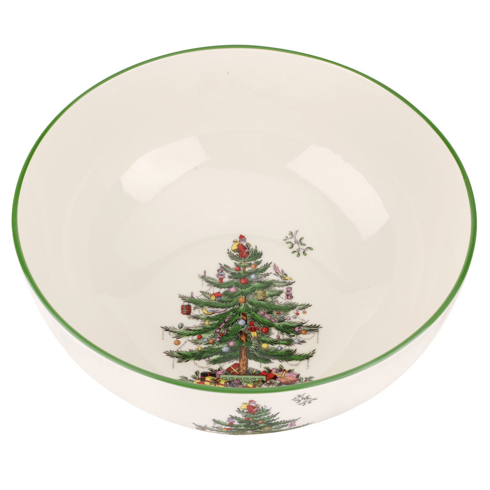Top view of 10-inch round serving bowl showing Spode Christmas Tree interior motif and green rim on white background