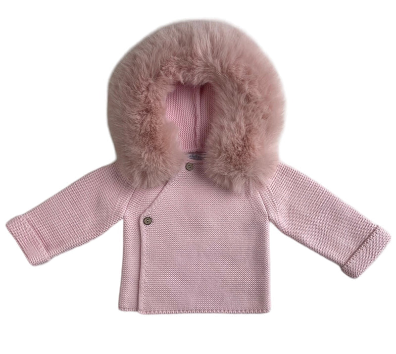 Knit Jacket with Removable Fur Hood in Pink