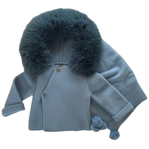 Knit Jacket with Removable Fur Hood in Blue