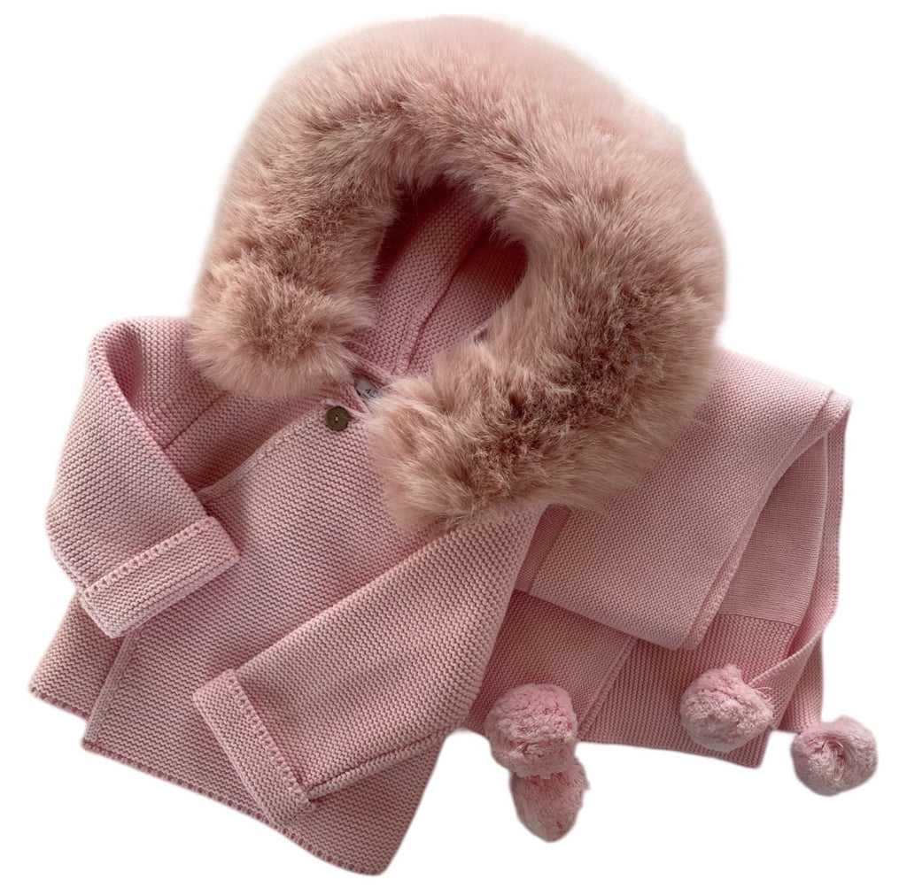 Knit Jacket with Removable Fur Hood in Pink