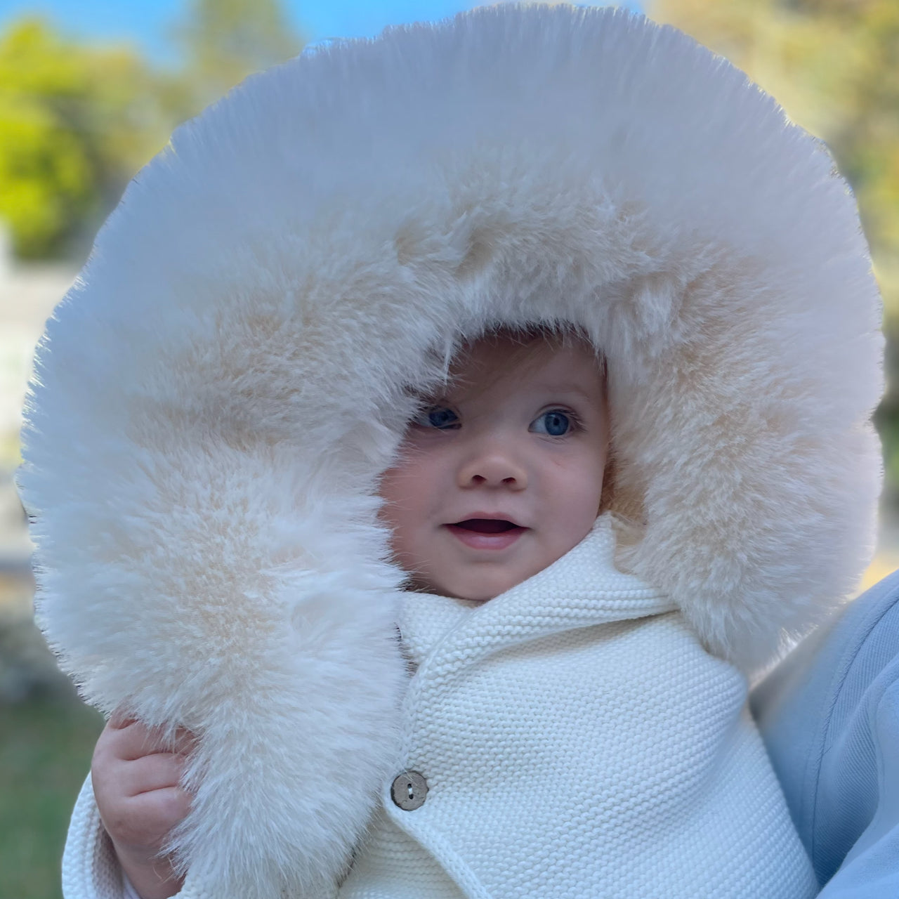 Knit Jacket with Removable Fur Hood in Cream