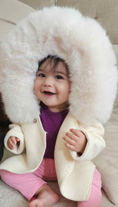 Knit Jacket with Removable Fur Hood in Cream