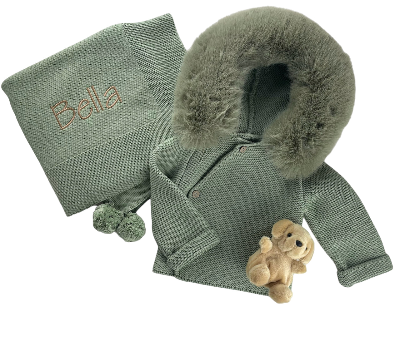 Knit Jacket with Removable Fur Hood in Sage