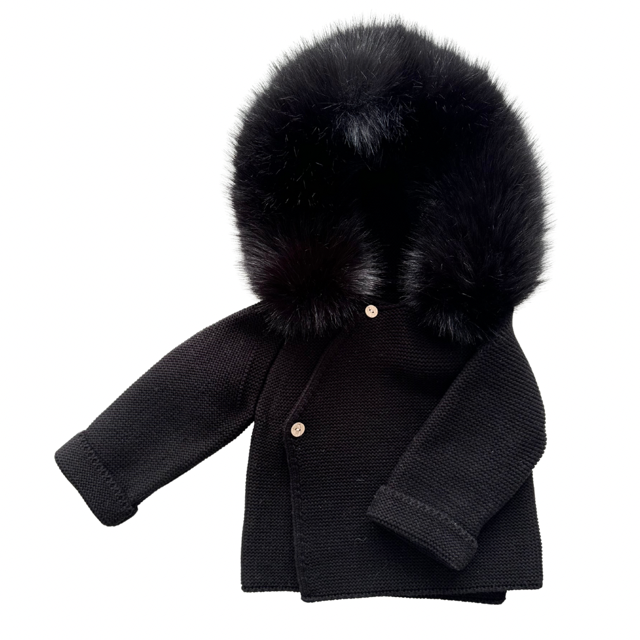 Knit Jacket with Removable Fur Hood in Black