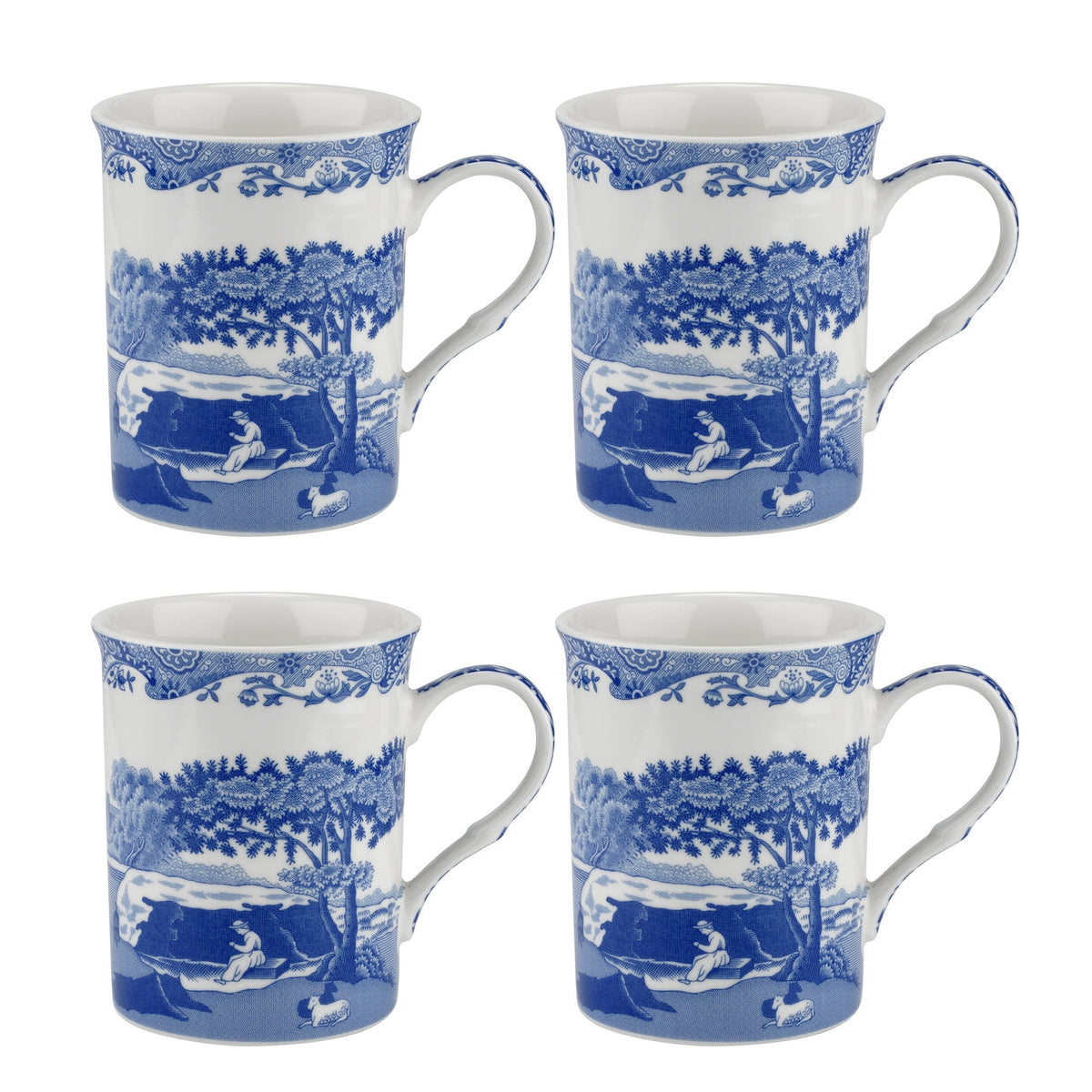 Front view of Blue Italian set of 4 mugs showcasing blue pastoral pattern on white background