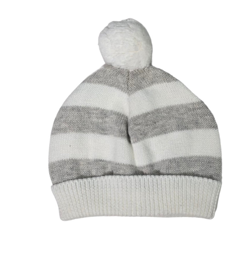 Cotton Striped Hat with Pom Pom in Whie & Heather Grey