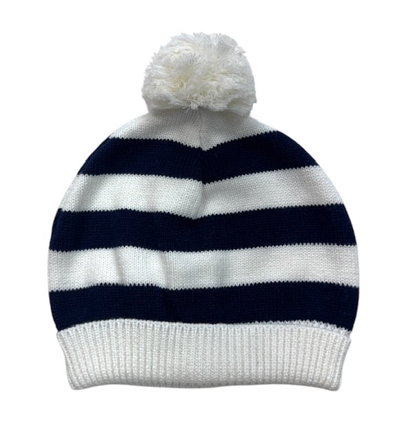 Cotton Striped Hat with Pom Pom in White & Navy